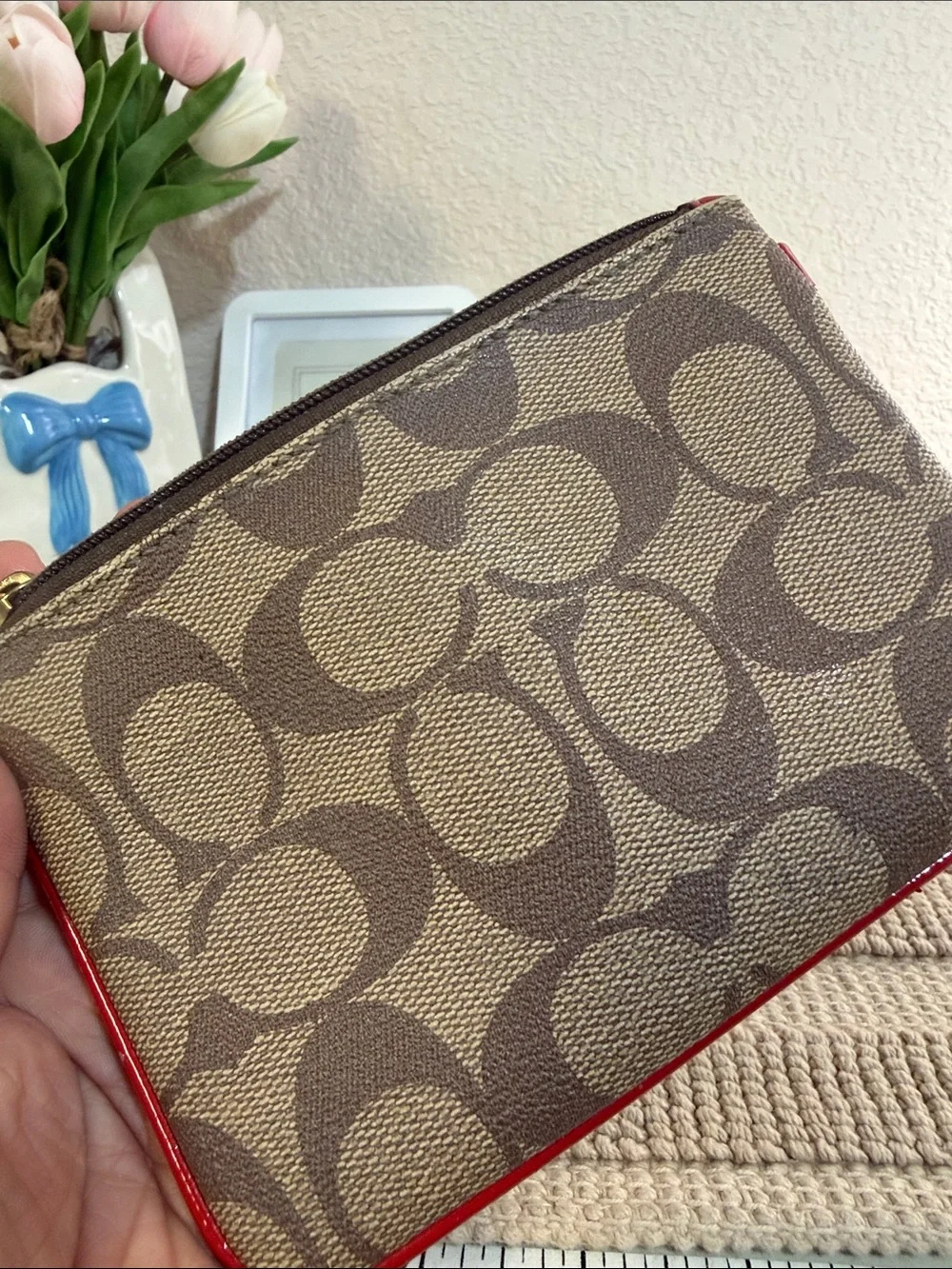 Coach Brown Signature Canvas Wristlet with Red Accent
